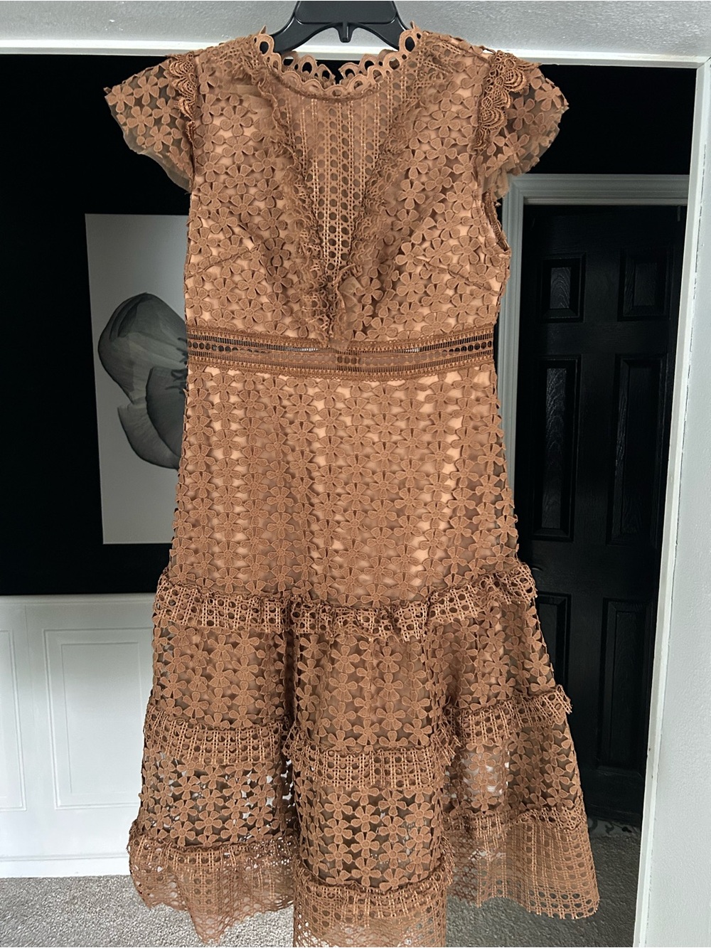 MOTF Brown Crochet Floral Tiered Midi Dress